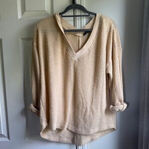 Cream Waffle Knit V-Neck Sweater